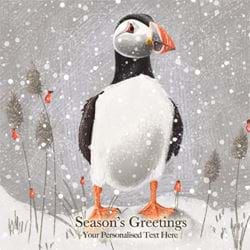 Puffin in the Snow- Front Personalised Christmas Card