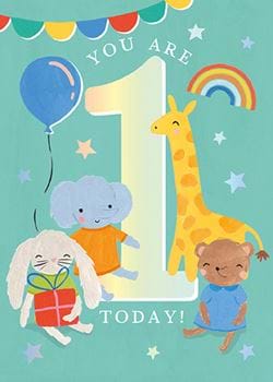 Animals Green 1st Birthday Card