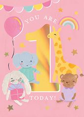 Animals Pink 1st Birthday Card