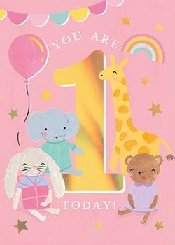 Animals Pink 1st Birthday Card