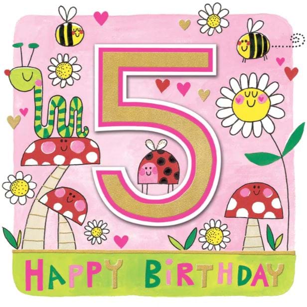 Mushrooms and bees 5th Birthday Card