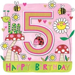 Mushrooms and bees 5th Birthday Card