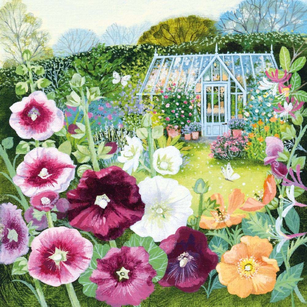 Greenhouse and Hollyhocks Greeting Card