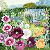 Greenhouse and Hollyhocks Greeting Card