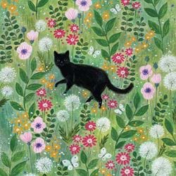 Black Cat Amongst Flowers Greeting Card