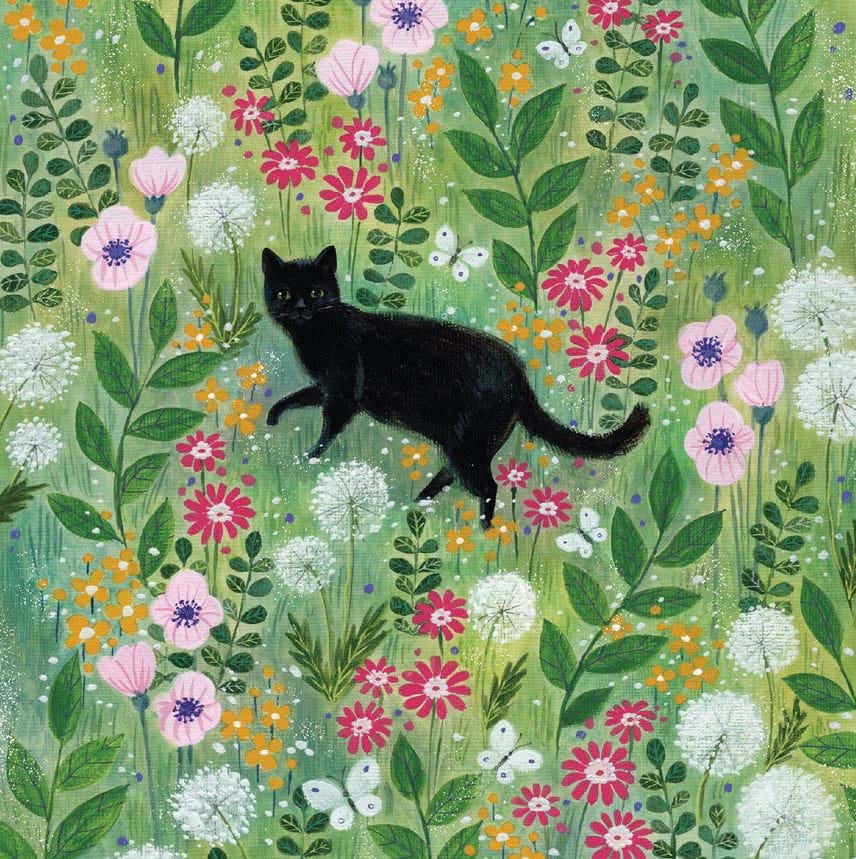Black Cat Amongst Flowers Greeting Card