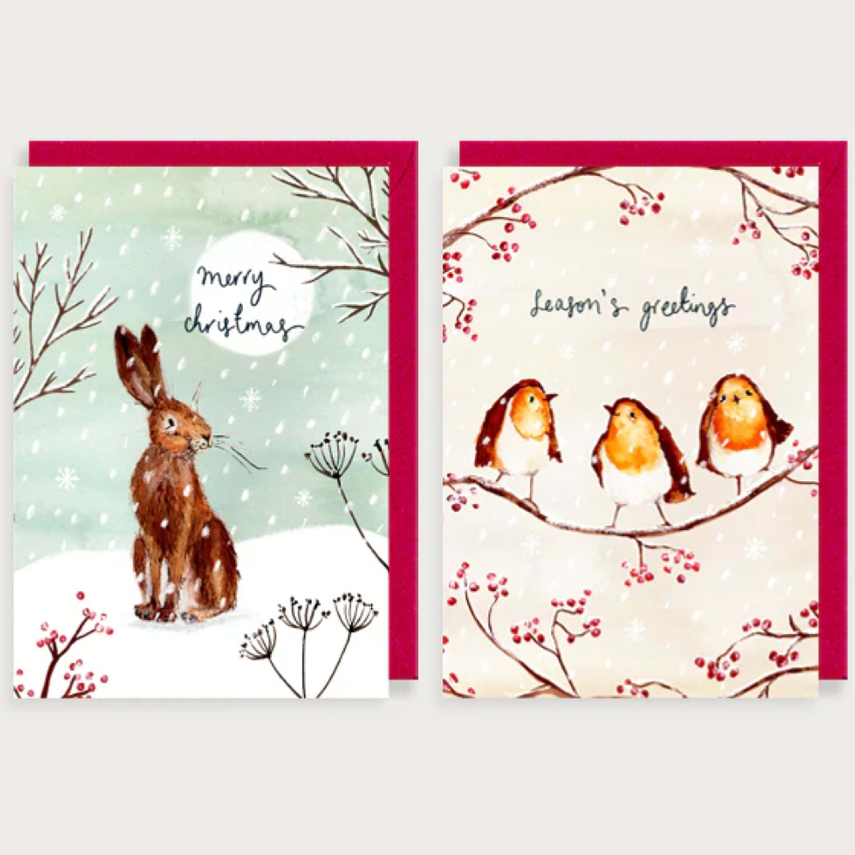 Robins and Hare Christmas Cards - Pack of 8