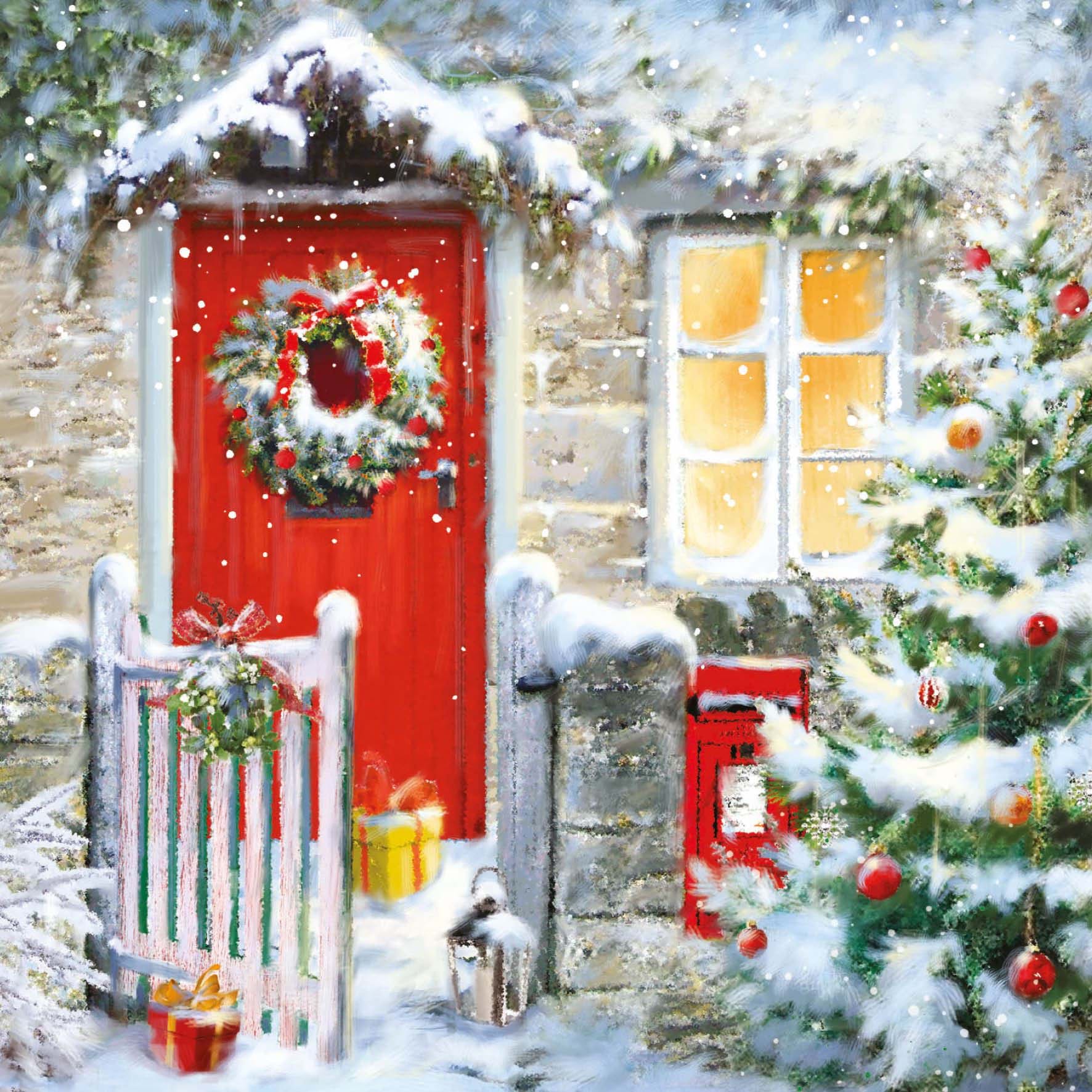 Red Door Wreath - Personalised Christmas Card
