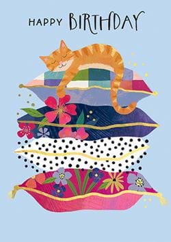 Cat On Pillows Birthday Card