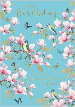 Magnolia Blossom and Bluetits Birthday Card