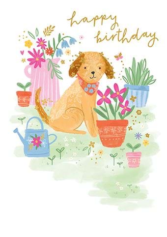 Dog and Plants Birthday Card