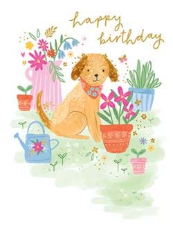 Dog and Plants Birthday Card