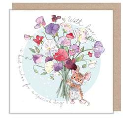 Mouse With Sweet Peas Birthday Card