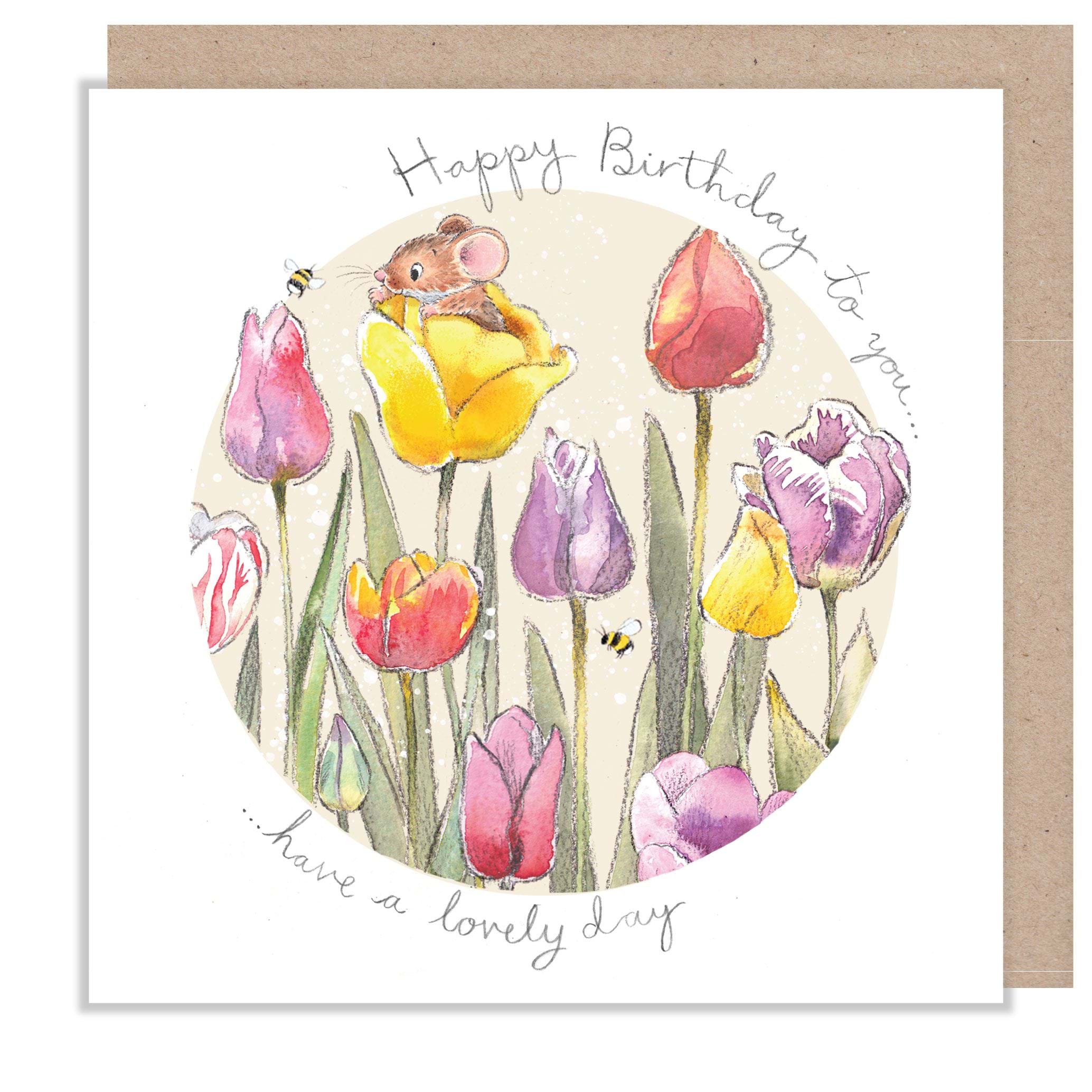 Mouse and Tulips Birthday Card