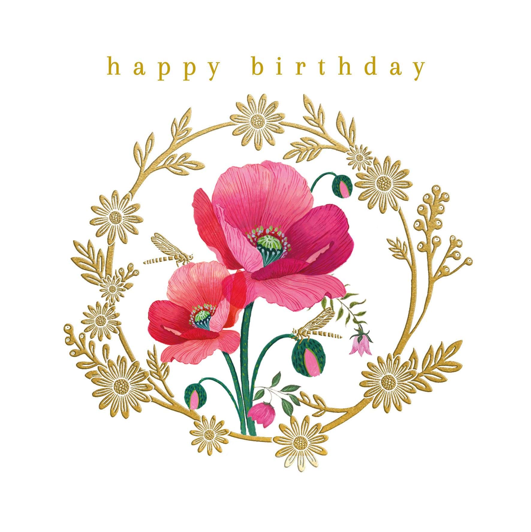 Gold Wreath Poppies Birthday Card