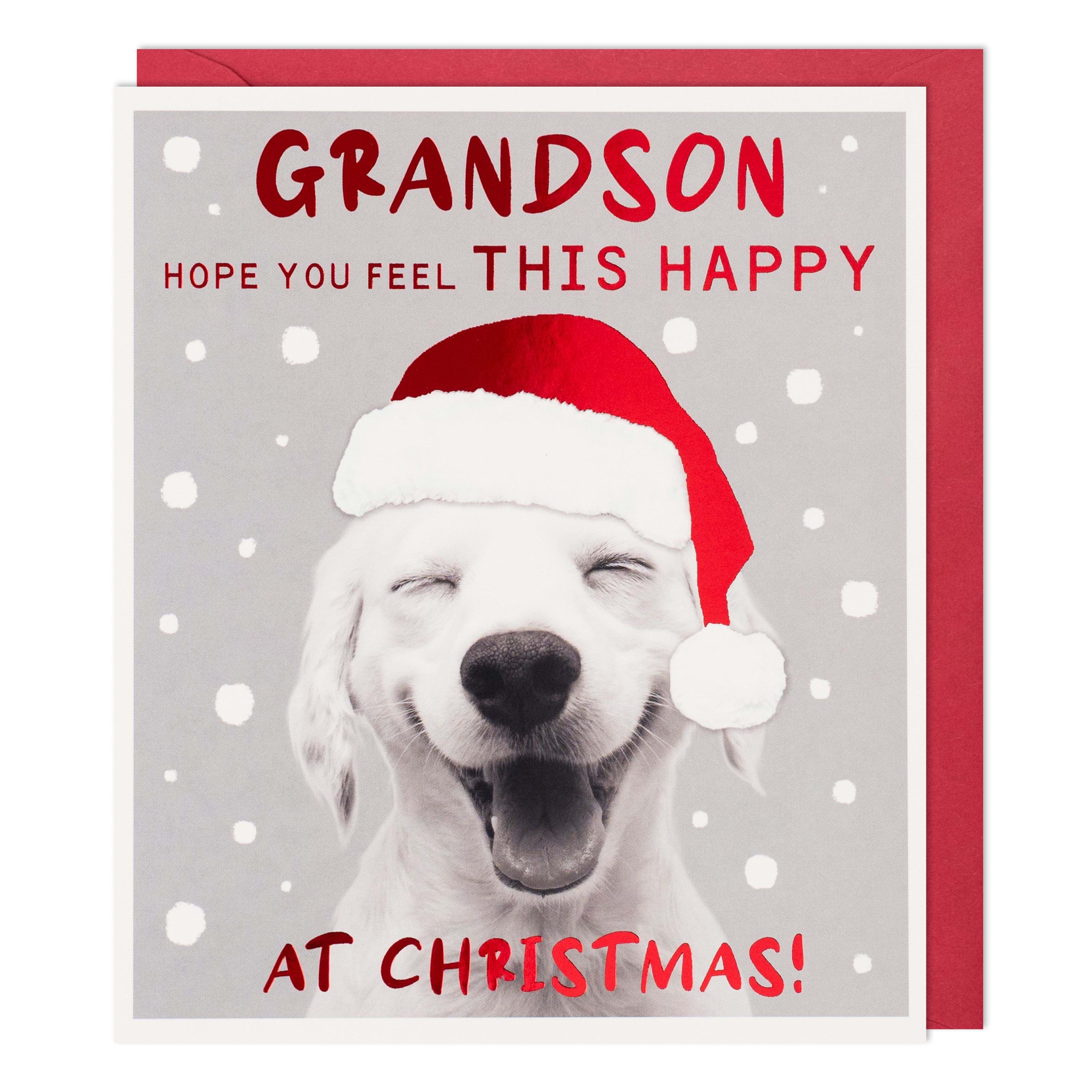 Happy Dog Grandson Christmas Card