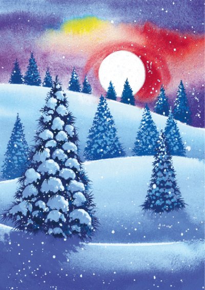 Snowy Trees at Sunset Personalised Christmas Card