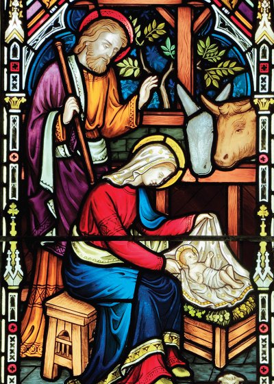 Stained Glass Nativity Personalised Christmas Card